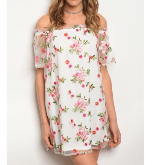 Dresses & Skirts - Sheer Tulle Floral Embroidery Off the Shoulder